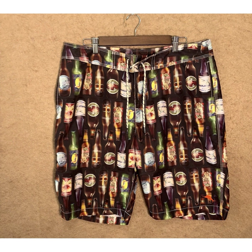 Tommy Bahama Relax Board Shorts‎ Mens 36 Black Beer Bottles Pockets 10" Inseam